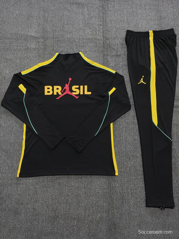 2026 Kids Brazil Black & Yellow Half Zipper Jacket Tracksuit + Long Pants