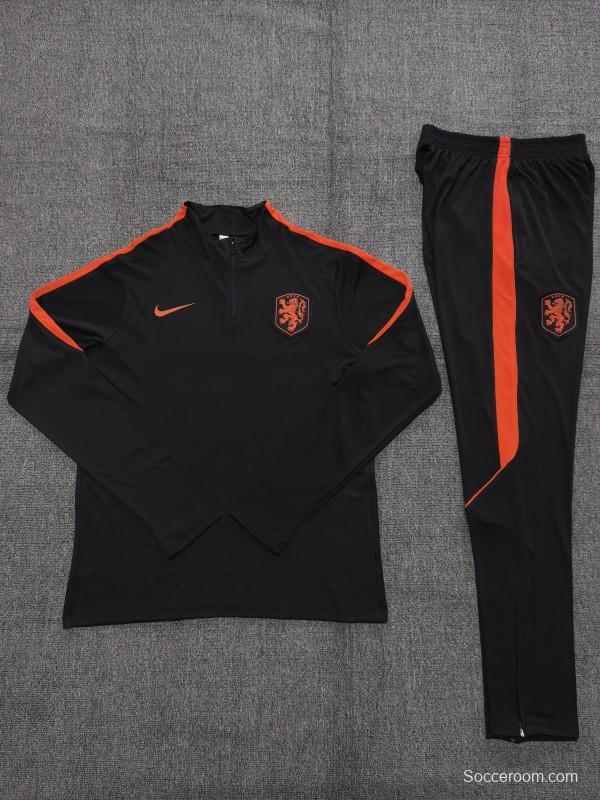 2026 Kids Netherlands Black & Orange  Half Zipper Jacket Tracksuit + Long Pants