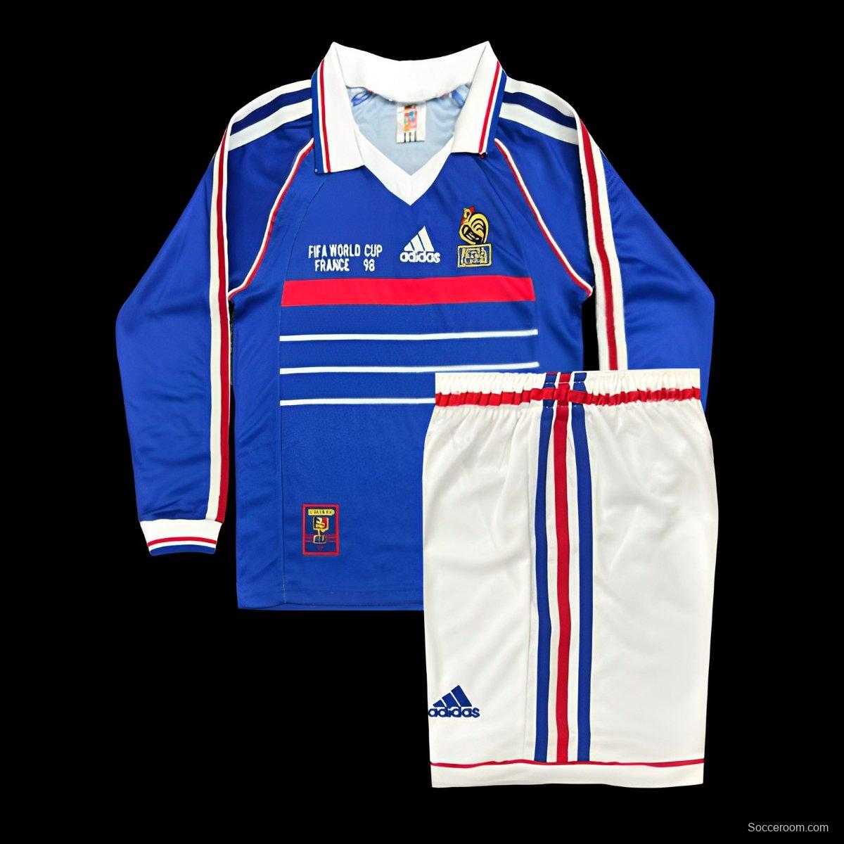 Retro Kids 1998 France Home Long Sleeve Jersey