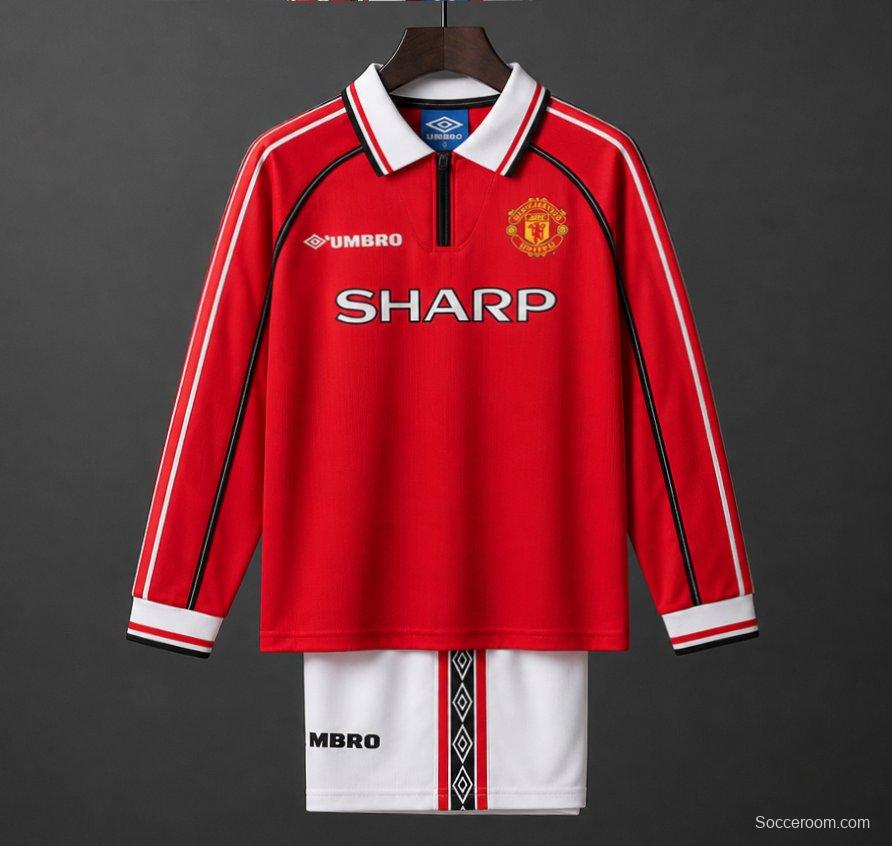 Retro Kids 98/99 Manchester United Red Home Long Sleeve Jersey